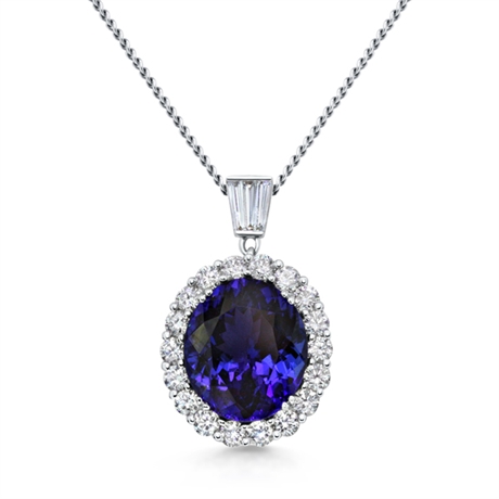 Oval Tanzanite Cluster Pendant With Tapered Baguette Diamond Bail