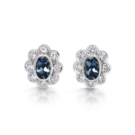 Aqua & Diamond Oval Cluster Stud Earrings