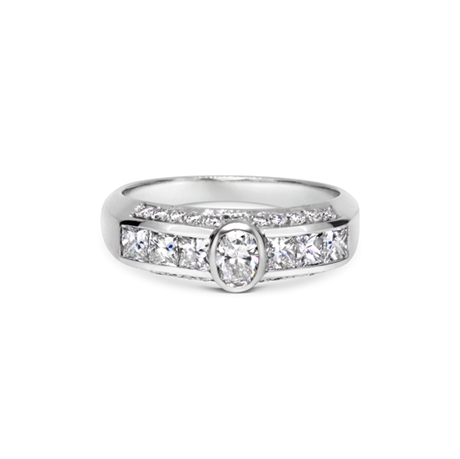 Oval Rub-Over Set Diamond Engagement Ring With Diamond Set Band