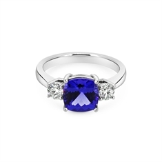 Square Cushion Cut Tanzanite & Brilliant Cut Diamond Three Stone