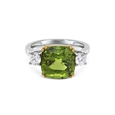 Cushion Cut Peridot & Round Brilliant Cut  Claw Set Three Stone