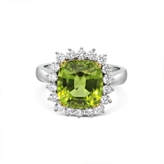 Claw Set Cushion Cut Peridot & Brilliant Cut Diamond Cluster Ring