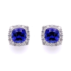 Claw Set Cushion Cut Tanzanite & Brilliant Cut Diamond Cluster Stud Earrings