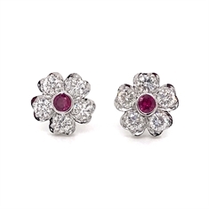 Ruby & Diamond Flower Stud Earrings