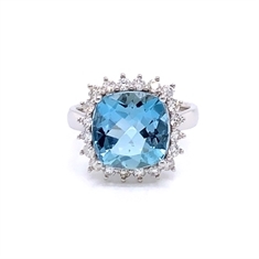 Cushion Cut Aqua & Diamond Cluster Cocktail Ring