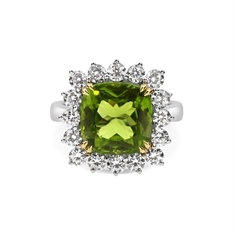 Cushion Cut Peridot & Brilliant Cut Diamond Cluster Dress Ring