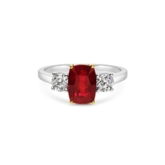 Cushion Cut Ruby & Brilliant Cut Diamond Three Stone Engagement Ring
