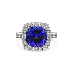 Tanzanite & Diamond Cluster Pave Set With Brilliant Cuts & Baguette Diamonds