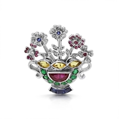 Multi Gem Set & Diamond Flower Basket Brooch