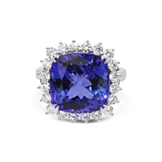 Cushion Cut Tanzanite & Brilliant Cut Diamond Claw Set Cluster Ring