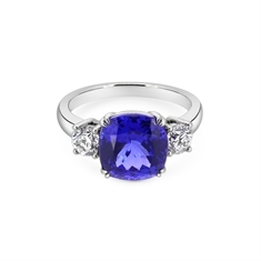 Cushion Cut Tanzanite & Brilliant Cut Diamond Three Stone