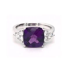 Checkerboard Cushion Cut Amethyst Dress Ring With Trefoil Diamond Shoulders