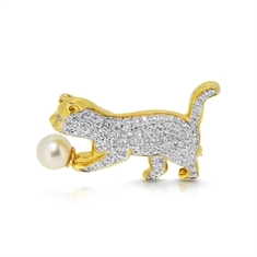 Gold & Diamond Set Cat Brooch With Pearl