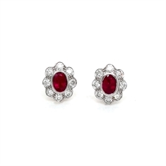 Oval Ruby & Diamond Cluster Stud Earrings