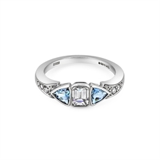 Emerald Cut Diamond & Aqua Trilliant Cut Engagement Ring