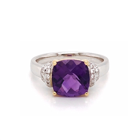 Cushion Cut Checkerboard Amethyst & Diamond Dress Ring