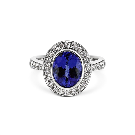 Rub-Over Set Oval Tanzanite & Brilliant Cut Diamond Cluster Ring