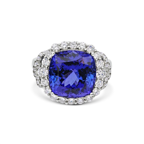 Cushion Cut Tanzanite & Brilliant Cut Diamond Dress Ring