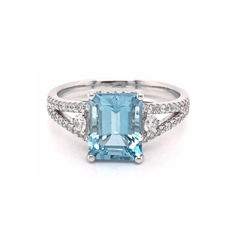 Octagon Aquamarine & Micro Set Diamond Split Shoulder Dress Ring