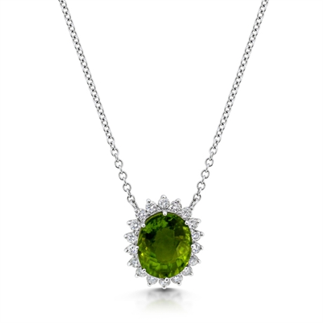 Oval Peridot & Brilliant Cut Diamond Cluster Pendant