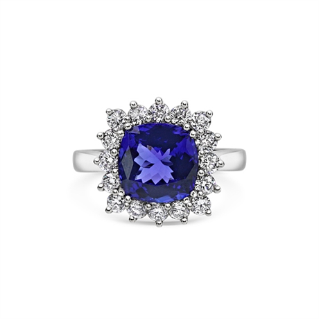 Cushion Cut Claw Set Tanzanite & Diamond Dress Ring