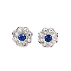 Round Sapphire & Brilliant Cut Diamond Rub-Over Set Cluster Studs