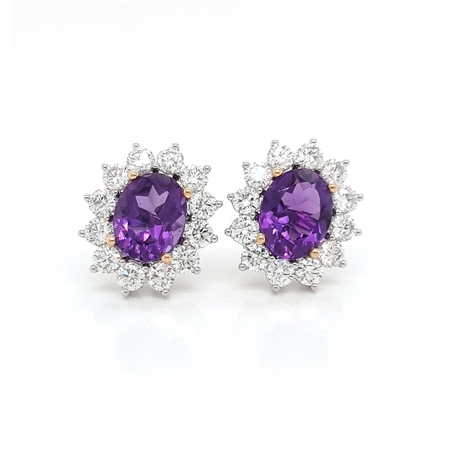 Amethyst & Brilliant Cut Diamond Oval Cluster Studs