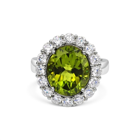 Oval Peridot & Brilliant Cut Diamond Micro Set Cluster Ring