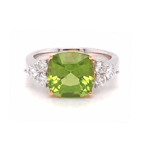 Square Peridot Cushion Cut & Diamond Claw Set Three Stone Dress Ring