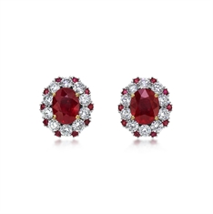 Oval Ruby & Diamond Cluster Stud Earrings 