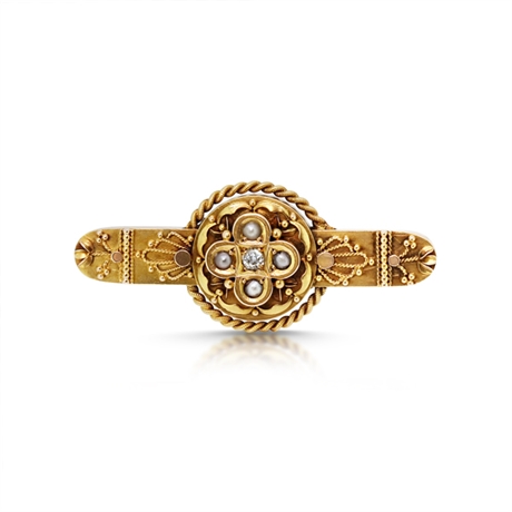 Victorian Gold Pearl & Diamond Rope Bar Brooch