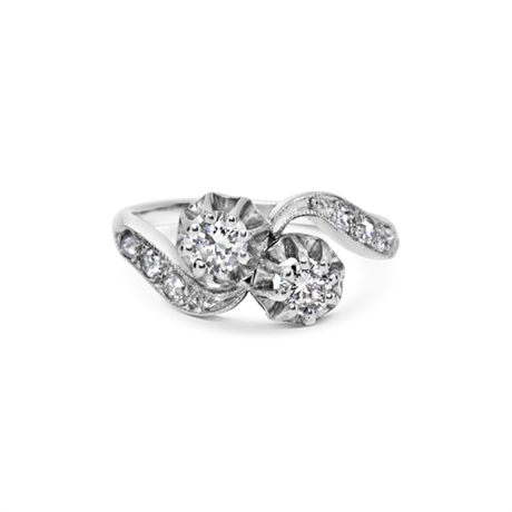 Brilliant Cut 2 Stone Diamond Cross Over Ring With Old Cut Diamond Shoulders