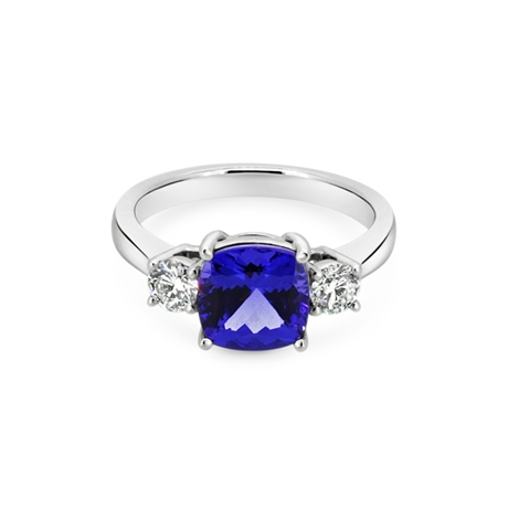 Square Cushion Cut Tanzanite & Brilliant Cut Diamond Three Stone