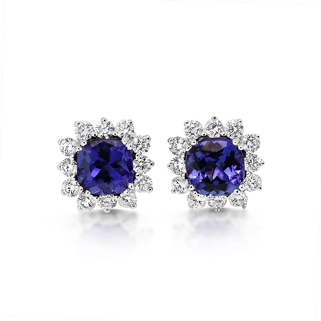 Claw Set Cushion Cut Tanzanite & Diamond Cluster Stud Earrings