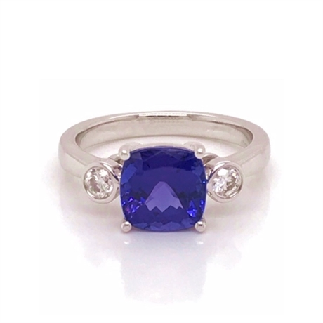 Cushion Cut Tanzanite & Rubover Set Brilliant Cut Diamond Three Stone