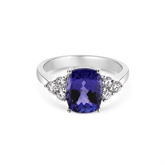 Cushion Cut Claw Set Tanzanite & Brilliant Cut Diamond Trefoil Shoulders