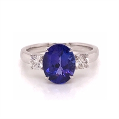 Oval Tanzanite & Brilliant Cut Diamond Three Stone Ring