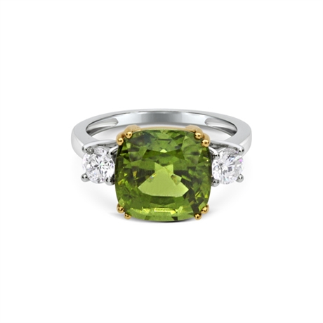 Cushion Cut Peridot & Round Brilliant Cut  Claw Set Three Stone