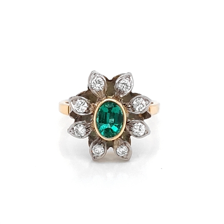 Oval Emerald & Diamond Vintage Flower Dress Ring