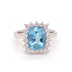 Cushion Cut Aquamarine & Brilliant Cut Diamond Cluster Ring