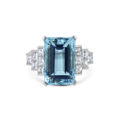 Octagon Aquamarine & Princess Cut Diamond Dress Ring