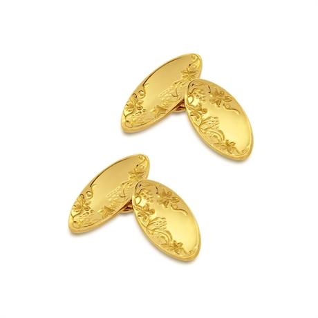 Marquise Shaped Floral Engraved 9ct Yellow Gold Cufflinks