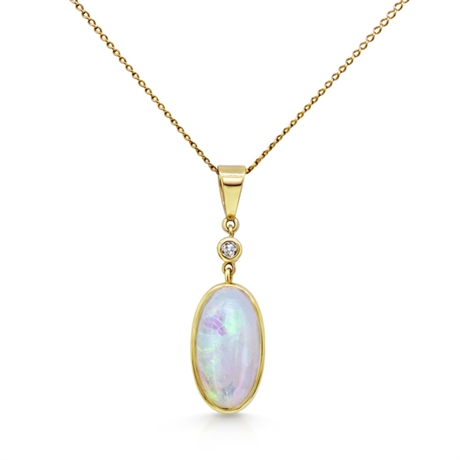 Oval White Opal & Diamond Pendant