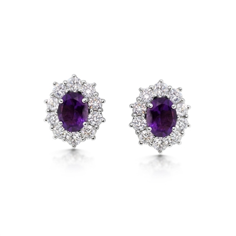 Oval Amethyst & Brilliant Cut Diamond Cluster Stud Earrings