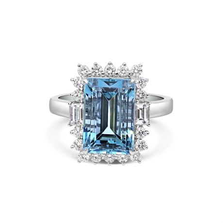 Aqua Octagon Brilliant Cut & Baguette Cut Diamond Cluster Ring