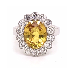 Oval Yellow Sapphire & Diamond Cluster Ring Milgrain Edge