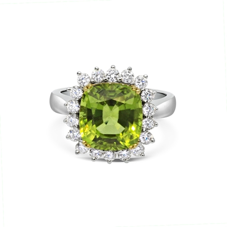 Claw Set Cushion Cut Peridot & Brilliant Cut Diamond Cluster Ring