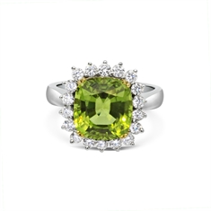 Claw Set Cushion Cut Peridot & Brilliant Cut Diamond Cluster Ring