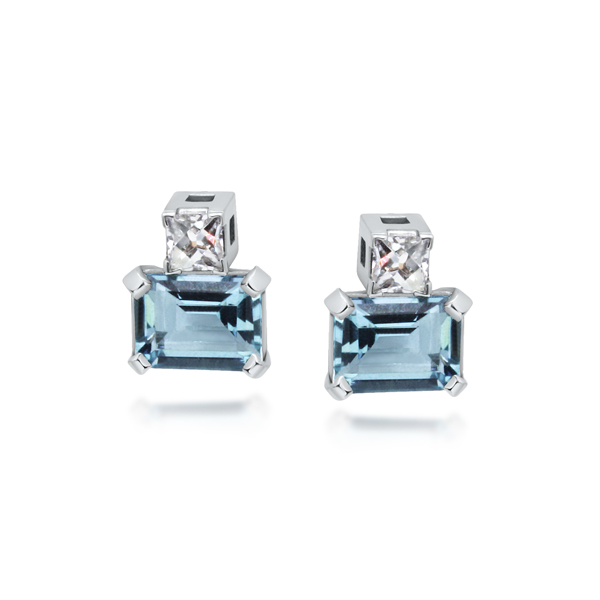 Octagon Aqua & French Cut Diamond Stud Earrings