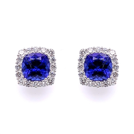 Claw Set Cushion Cut Tanzanite & Brilliant Cut Diamond Cluster Stud Earrings